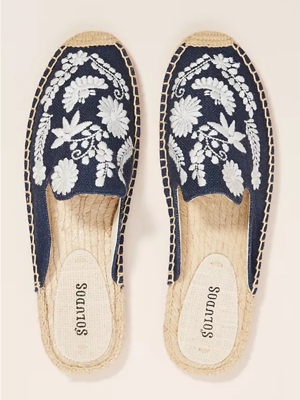 Soludos Navy and White Floral Embroidered Espadrille Mules